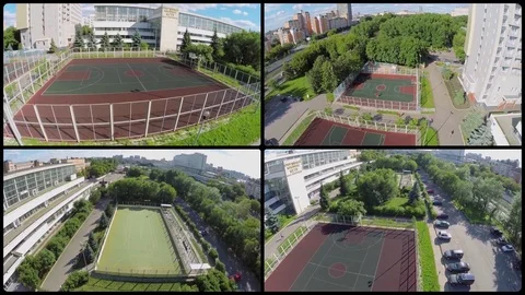 MOSCOW - JUN 29, 2014: Collage with playgrounds near edifice of sports complex Vídeos de archivo 83375329