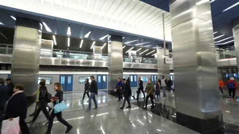 MOSCOW - JUNE 08, 2018: the platform of the Delovoy Tsentr metro station Stock Footage 239326973
