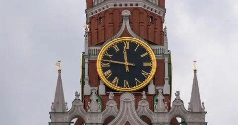 Moscow Kremlin Main Clock named Kuranti on Spasskaya Tower 12 hours . Red Squ Stock Footage 82669341