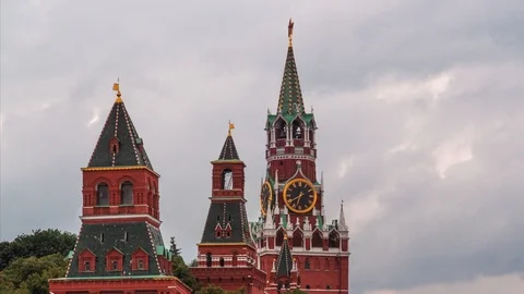 Moscow Kremlin Main Clock named Kuranti on Spasskaya Tower. Timelapse Stock Footage 97184165