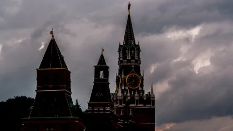 Moscow Kremlin Main Clock named Kuranti on Spasskaya Tower. Timelapse Stock Footage 97184168