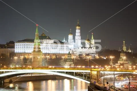 Moscow Kremlin at night. Popular tourist view of the main attraction of Moscow. Stock Photos