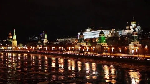 Moscow Kremlin night traffic view Stock Footage 80894825