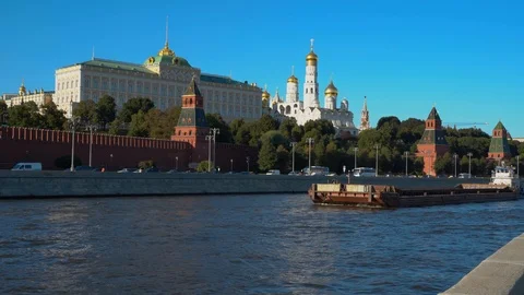 Moscow, Kremlin, an old, rusty barge floats along the Kremlin along the Moscow R Stock Footage 115216514