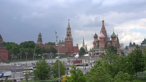 Moscow Kremlin, St. Basil's Cathedral, Spasskaya Tower with a clock. Russia Stock Footage 154481340