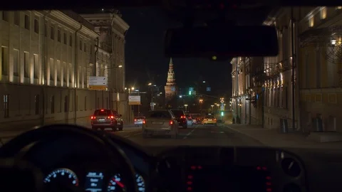 Moscow Kremlin through the windshield at night Stock Footage 121449113
