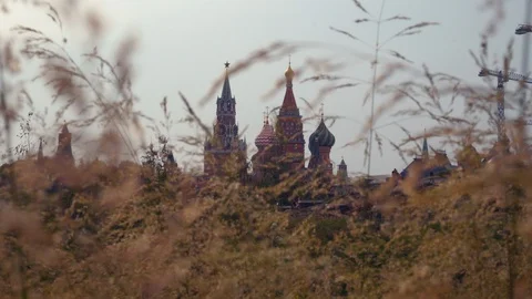 Moscow Kremlin View Through Grass Waving in the winter at Sunset Stock Footage 103945619