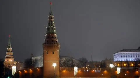 Moscow. Kremlin wall. Tower with red star on top. Closeup. Winter Night. UltraHD Stock Footage 116724870