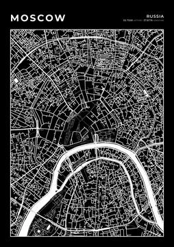 Moscow Map Wall Art Frame, Cartography Map Print, City Layout Map Stock Illustration