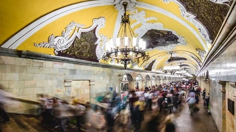 Moscow Metro Time Lapse, Commuters at Subway Station in Moscow, Russia, Zoom Out Stock Footage