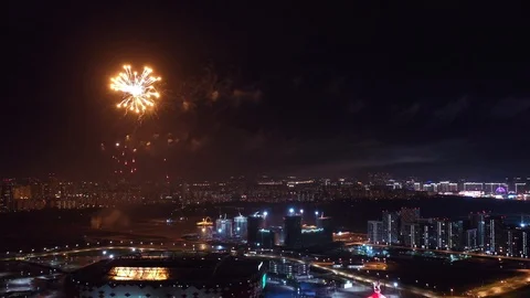 Moscow at night. Festive fireworks over the night city. Stock Footage