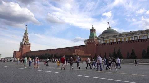 Moscow Red Square Kremlin, Lenin mausoleum, Spasskaya Clock tower. Stock Footage 157650616