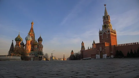 Moscow Red Square Saint Basils Kremlin Spasskaya Tower Moscow empty streets Stock Footage 128211428