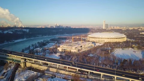 Moscow river and stadium Stock Footage 90779653