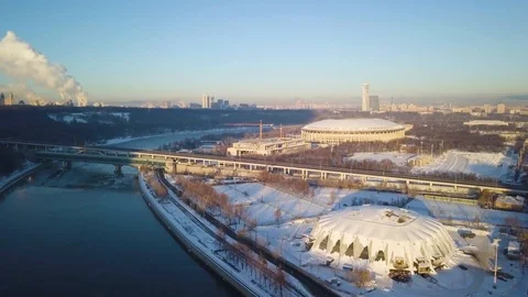 Moscow river and stadium Stock Footage