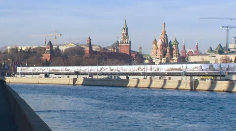 Moscow River. Concrete River Bed. Kremlin Embankment on the Other Side. Stock Footage 65407587