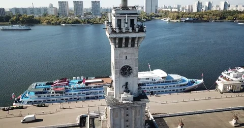 Moscow river station top view Stalin's building of the Soviet Union Stock Footage