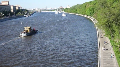 Moscow river view, people walking along embankment Video stock 89652170