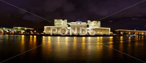 Moscow, Russia 19.09.2019: Russian ministry of defense panoramic view at night Stock Photos