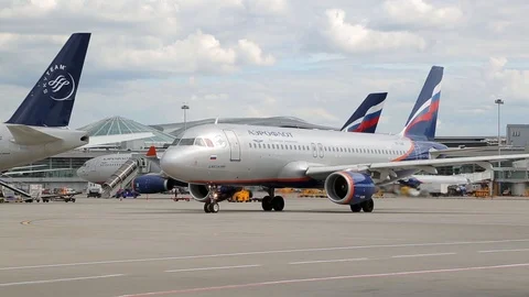 MOSCOW, RUSSIA - August 27: Parked Aeroflot aircrafts, passenger airplane moves  Stock Footage 98122553