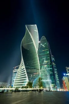 Moscow, Russia. The Evolution Tower, its spiraling glass curtain wall twist.. Photos