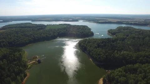 Moscow Russia Istra water reservoir lake pine green forest Aerial open space Stock Footage