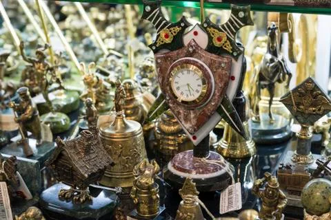 Moscow, Russia - January 10 2015 Souvenirs made of bronze and natural stone in Stock Photos