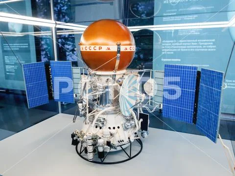 MOSCOW, RUSSIA - June 08, 2019. Model of Venera-9 orbiter for Soviet unmanned Stock Photos