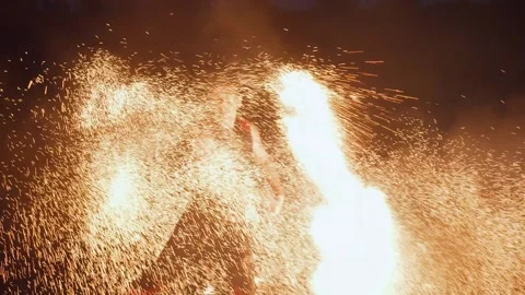 Moscow, Russia - June 1, 2021. Amazing fire show at night. Stock Footage 166380911
