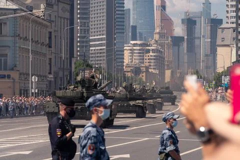 MOSCOW, RUSSIA - JUNE 24, 2020: A column of Russian tanks at the Victory Day Stock Photos