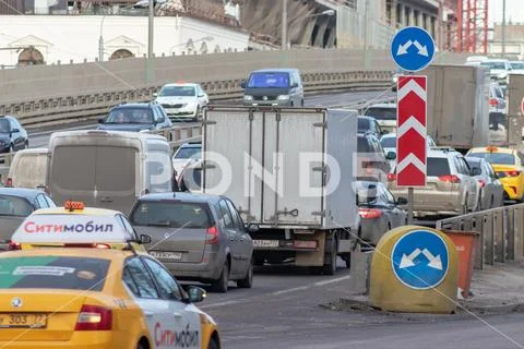 MOSCOW, RUSSIA - MARCH 07, 2019: Traffic jam in the city in rush hour Stock Photos