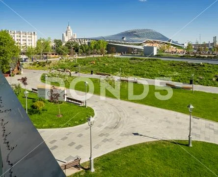 MOSCOW, RUSSIA - May 18, 2019. Panorama view on Zaryadye landscape urban park Stock Photos