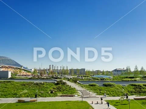 MOSCOW, RUSSIA - May 18, 2019. Panorama view on Zaryadye landscape urban park Stock Photos