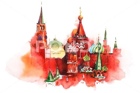 Moscow Russia Red square Saint Basil Cathedral Watercolor Stock Illustration