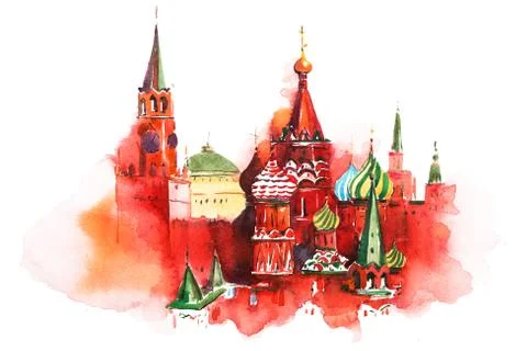 Moscow Russia Red square Saint Basil Cathedral Watercolor Stock Illustration