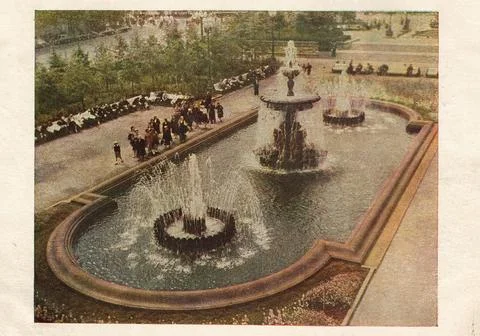 Moscow, Russian SFSR, Soviet Union - June 26, 1953: Fountain on Pushkin Squ.. Stock Illustration