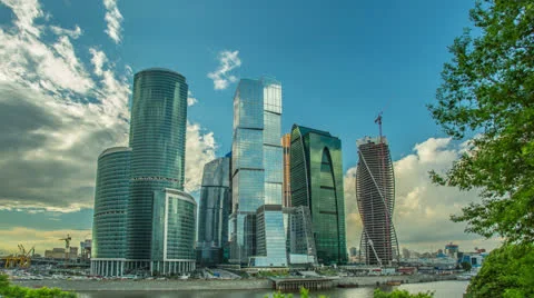 The Moscow sky-scrapers, clouds, greenery. Time lapse Video stock 24779752