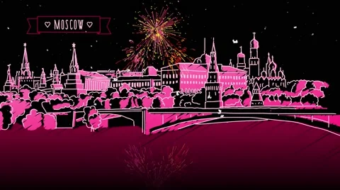 Moscow Skyline with Firework Intro Animation Stock Footage 68560598