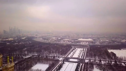 Moscow skyscraper in winter (backward movement) Stock Footage 86007345