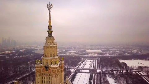 Moscow skyscraper in winter (forward movement) Stock Footage 86007267