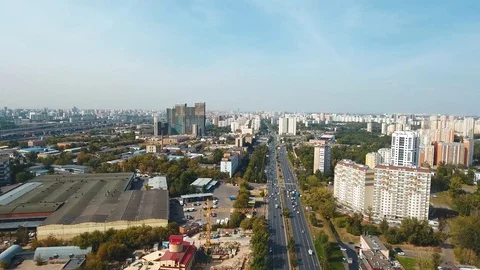 Moscow sleeping area drone flight over high-rise buildings Stock Footage 129894103