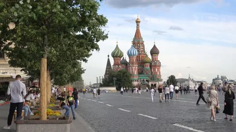 Moscow St. Basil's Cathedral on Red Square, people are walking. Stock Footage 157650737