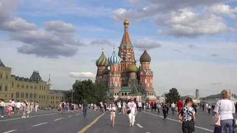 Moscow St. Basil's Cathedral on Red Square, people are walking. Stock Footage 157650878