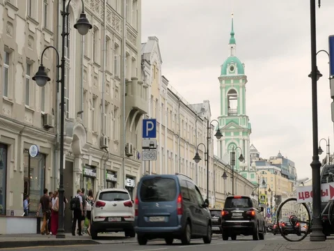 Moscow street and bell tower Stock Footage