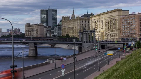 Moscow Traffic Near Borodinskiy Bridge Stock Footage