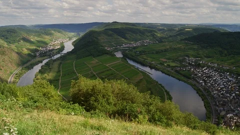 Mosel river lMoselle loop with the romantic village of Bremm in the Moselle v Stock Footage 122286783