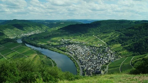 Mosel river lMoselle loop with the romantic village of Bremm in the Moselle v Stock Footage 122288384