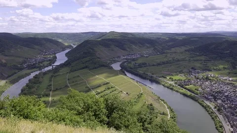 Moselle River Loop and Vineyards Viewed from Geierlay, Hunsrck, Germany Stock Footage 333892599
