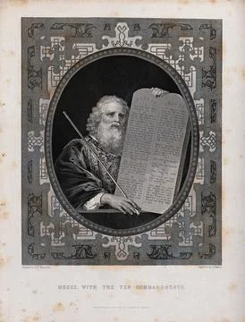 Moses, with his rod and the table of the ten commandments. Etching by J. Ro.. Stock Illustration