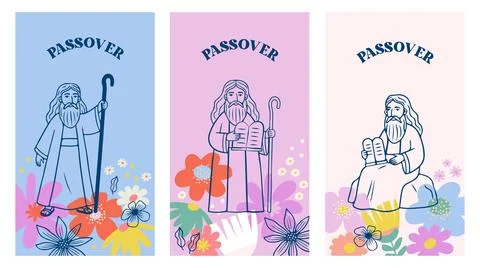 Moses. Jewish Prophet with Ten Commandments Tablets. Passover Jewish holiday. Stock Illustration